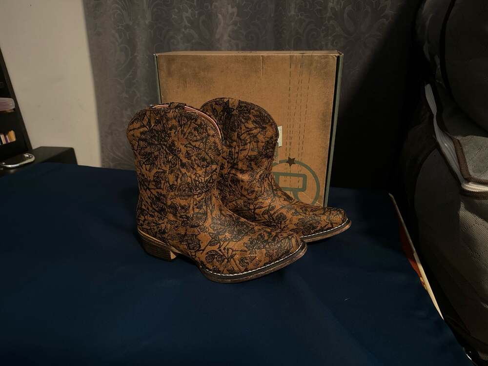 Roper Emma Floral Tan Vintage Faux Leather Snip Toe Western Ankle Boots